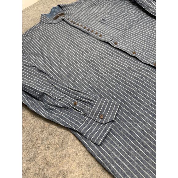 Celtic Ranchwear Shirt L Blue White Stripe Band Collar Button Cotton Linen - Picture 3 of 9